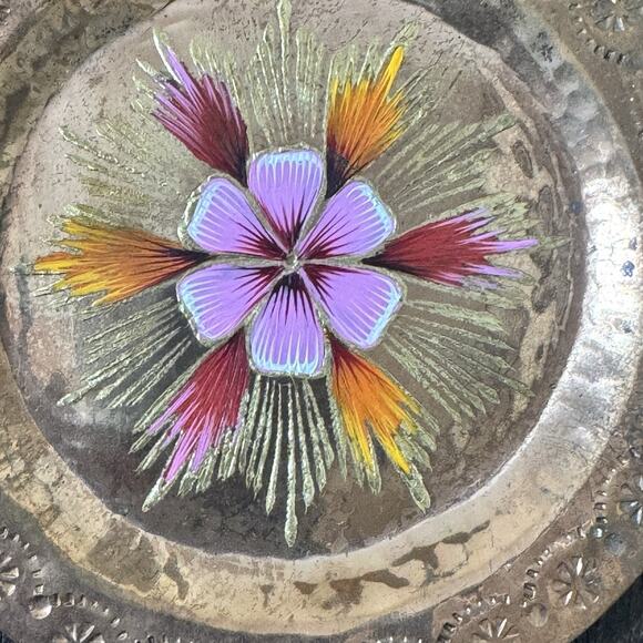 VTG Brass Hand Painted Metal 4" Tray Plate Trinket Dish Artisan Floral Pansy - Picture 2 of 12